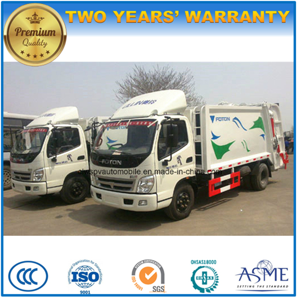 Small 6 Wheels Foton 5 T Refuse Truck 5 M3 Garbage Compress and Transport Truck 